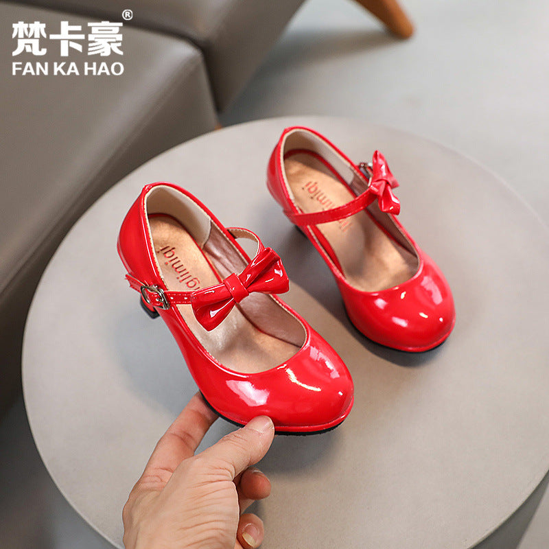Customizable girls' korean style solid color bowknot children's shoes  spring new collection flats leather princess shoes
