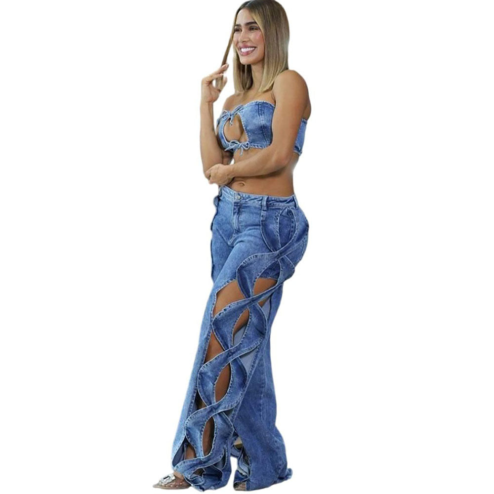 European and american style women's denim set -  cross-border fashion: sexy tie-up bandeau top with cutout high-waisted pants