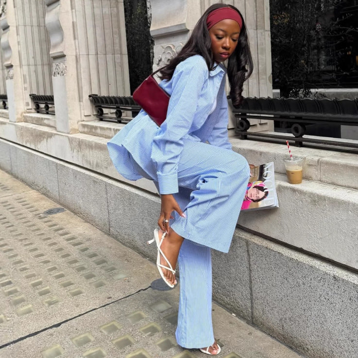 European and American large size casual long-sleeved cardigan striped shirt women's African style wide-leg trousers temperament versatile two-piece set