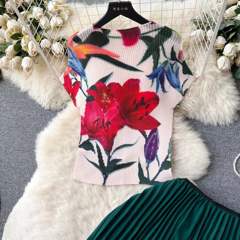 European and american cross-border fashion women's clothing:  summer new arrivals - french-inspired printed tops and loose solid color pleated wide-leg pants