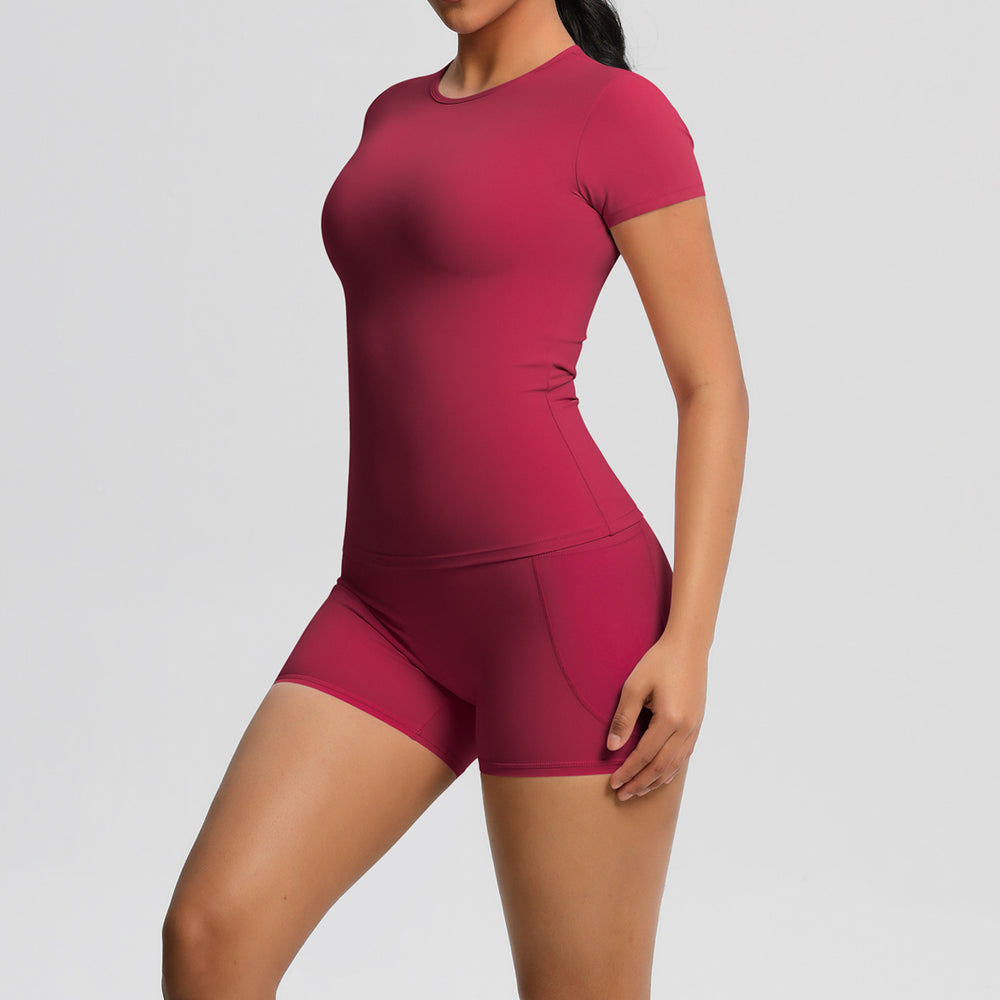 New arrival cross-border fashionpure color double-sided nylon brushed short-sleeved yoga suit sports running fitness two-piece set