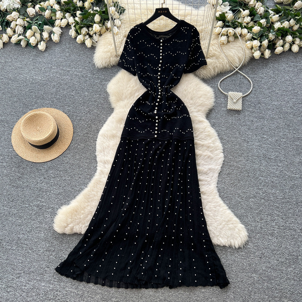 French style beaded knit dress - women's short sleeve high waist a-line dress - slimming, commute-friendly, elegant maxi dress