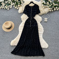 French style beaded knit dress - women's short sleeve high waist a-line dress - slimming, commute-friendly, elegant maxi dress
