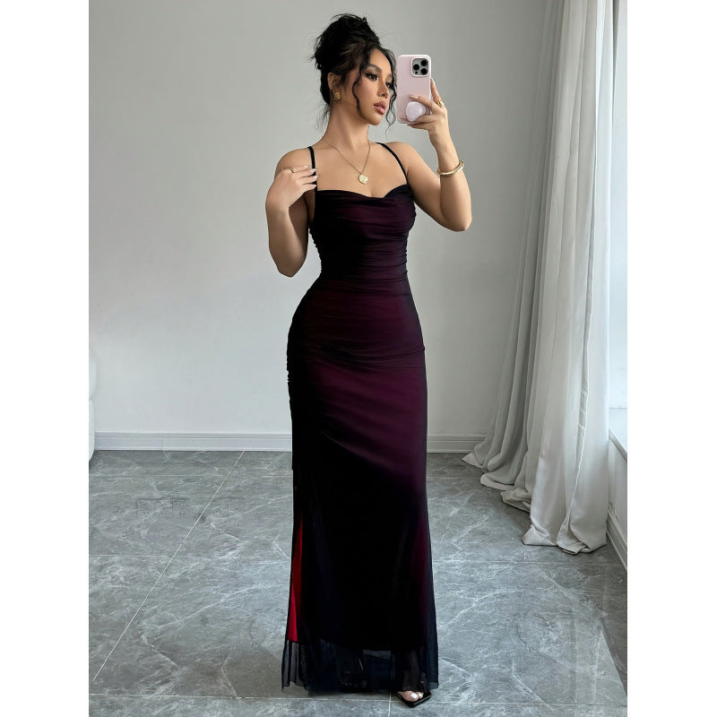 women's mesh panel crisscross backless maxi dress for export