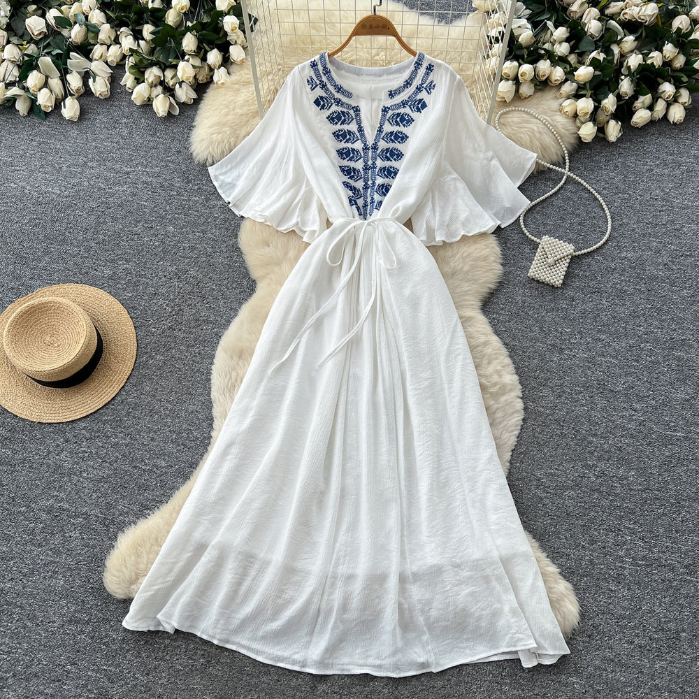 French chic embroidered v-neck dress - women's summer short sleeve, slim fit a-line maxi dress for vacation