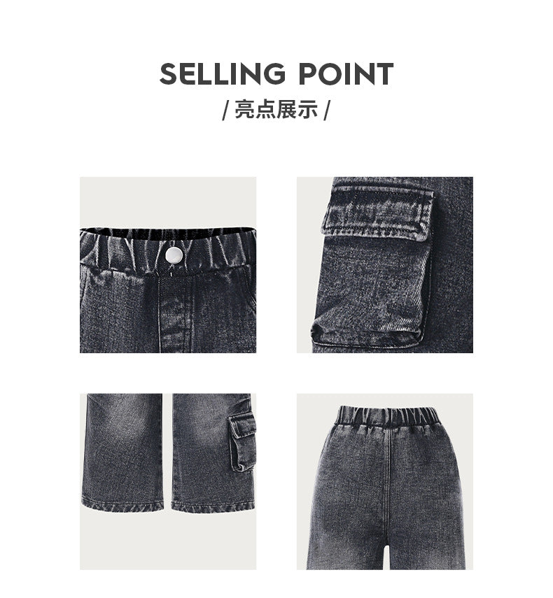 kidsloose pantsjeansk-style washed and distressed multi-flap pocket pantsretroworkwear men's and women's children's clothingstraight-leg pants