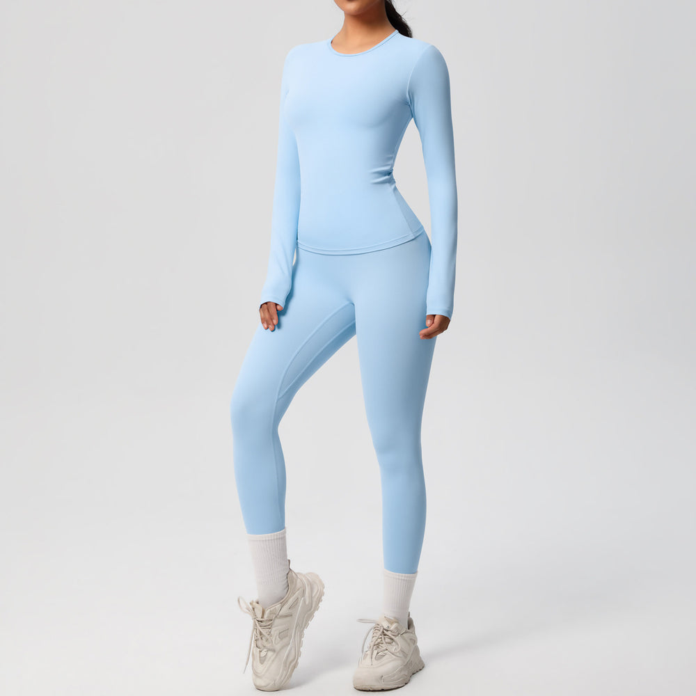Ready-to-ship cross-border double-sided brushed solid color compression training long sleeve yoga set - activewear running fitness two-piece outfit