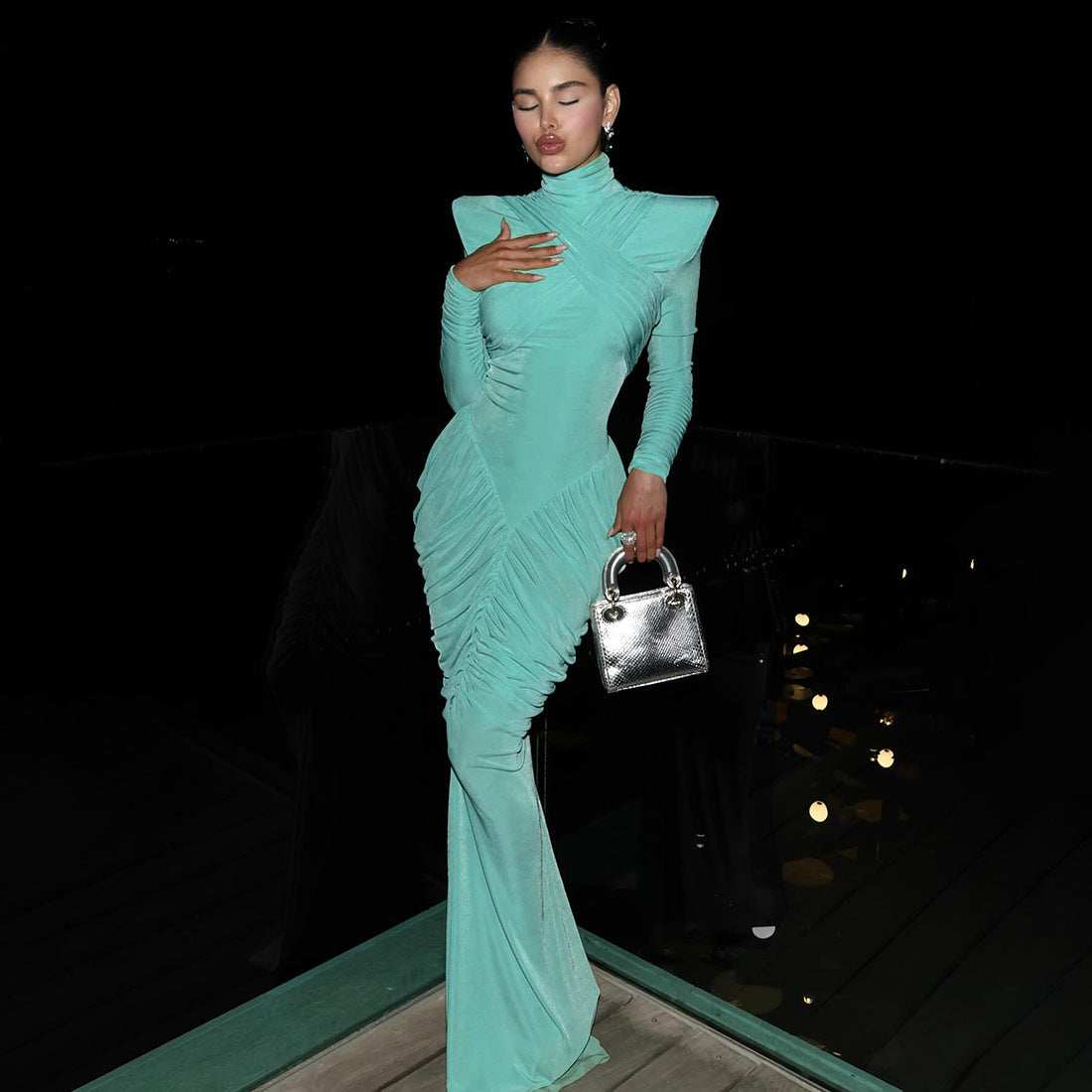 European and American  2025 autumn women's clothing new temperament solid color turtleneck backless splicing pleated thin dress