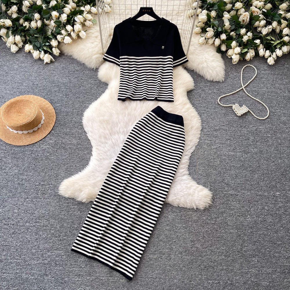 Frenchstripesknitting shirt high waist skirt two-piece set women's summer lazy work clothing styleelegantfashionsuit
