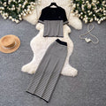 Frenchstripesknitting shirt high waist skirt two-piece set women's summer lazy work clothing styleelegantfashionsuit
