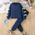 girl's pants suit navy blue pit stripes round neck sweatshirt jogger pants sports pants bowspatchworktwo-piece set