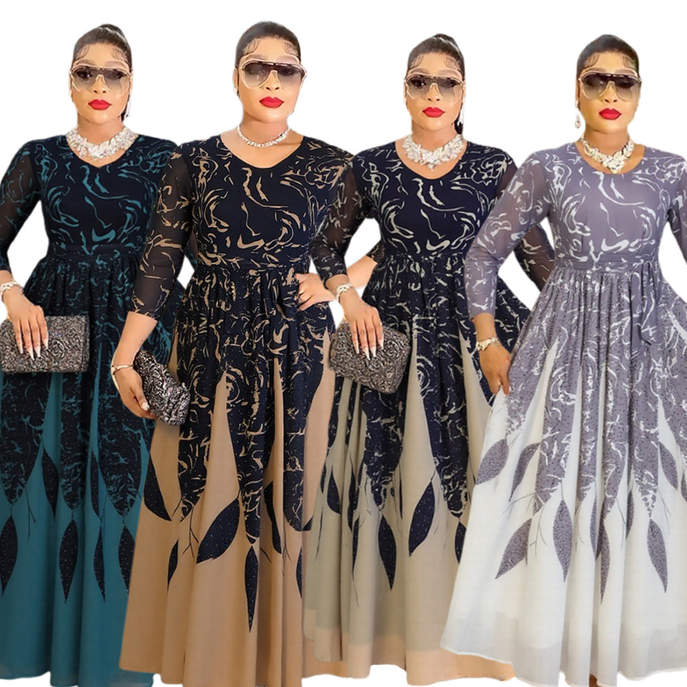fashiondress african women's plus size  long sleeveseleganceprinting chiffon long skirt