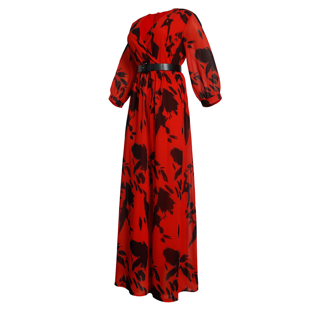 African plus size fashion print chiffon maxi dress with belt - new  collection for  &