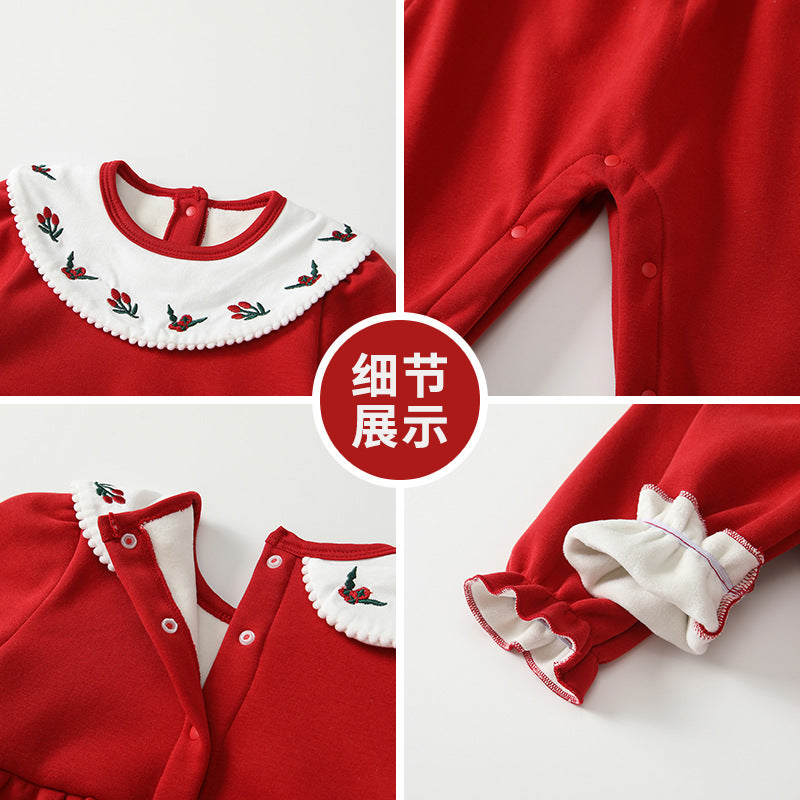 Newborn baby clothes 100-day celebration bodysuit romper one-year-old red fleece-lined long sleeve crawling suit autumn/winter