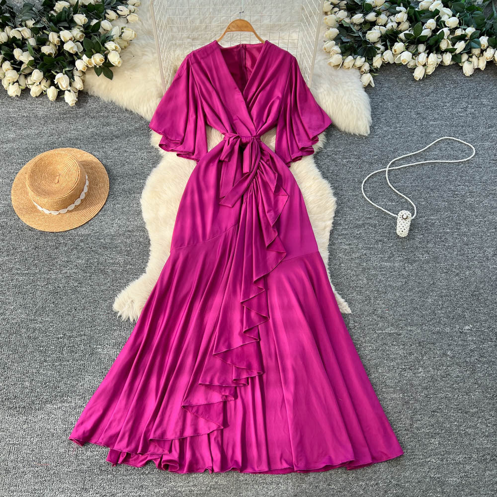 Elegant accessible luxuryclassydressniche stylefrenchfashionv neck bell sleeves tie waist asymmetrical long skirt
