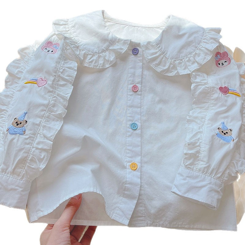 Girls' autumn  new arrival: pure cotton blouse - stylish, versatile, korean style embroidered bear top - trendy spring & autumn fashion