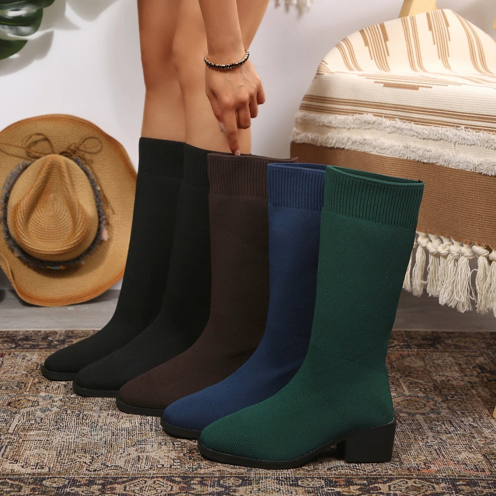 Exportplus sizefashion slim boots women's mid heel short boots knittingspring & fallsingle boots pointed thick heel women's flats