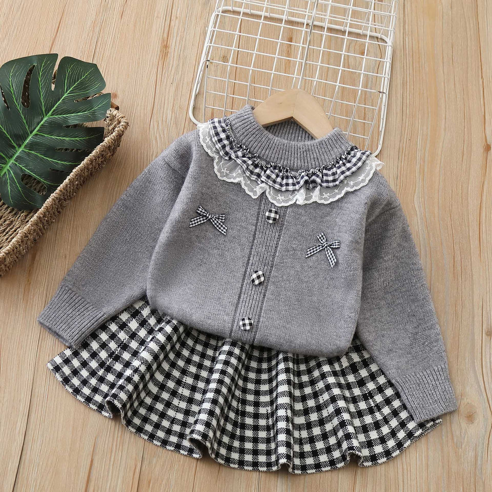 Girls' sweater set: new korean style, chic bow detail, fresh plaid mini skirt two-piece outfit