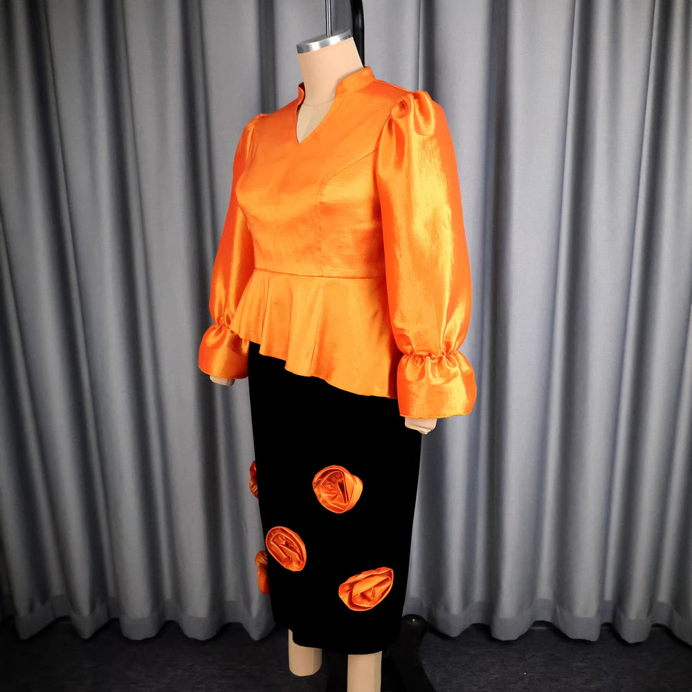 puff sleeve glossy tops silmslimming lookstereo flower hip skirt two-piece settwo-piece set