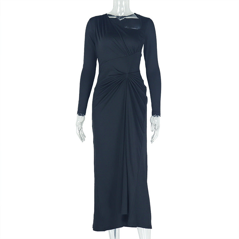 European and american style elegant women's bodycon pleated asymmetrical dress solid color long sleeve oblique neck maxi dress gown