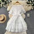 French romantic one-shoulder lace patchwork dress - women's summer short sleeve red slim-fit elegant maxi dress