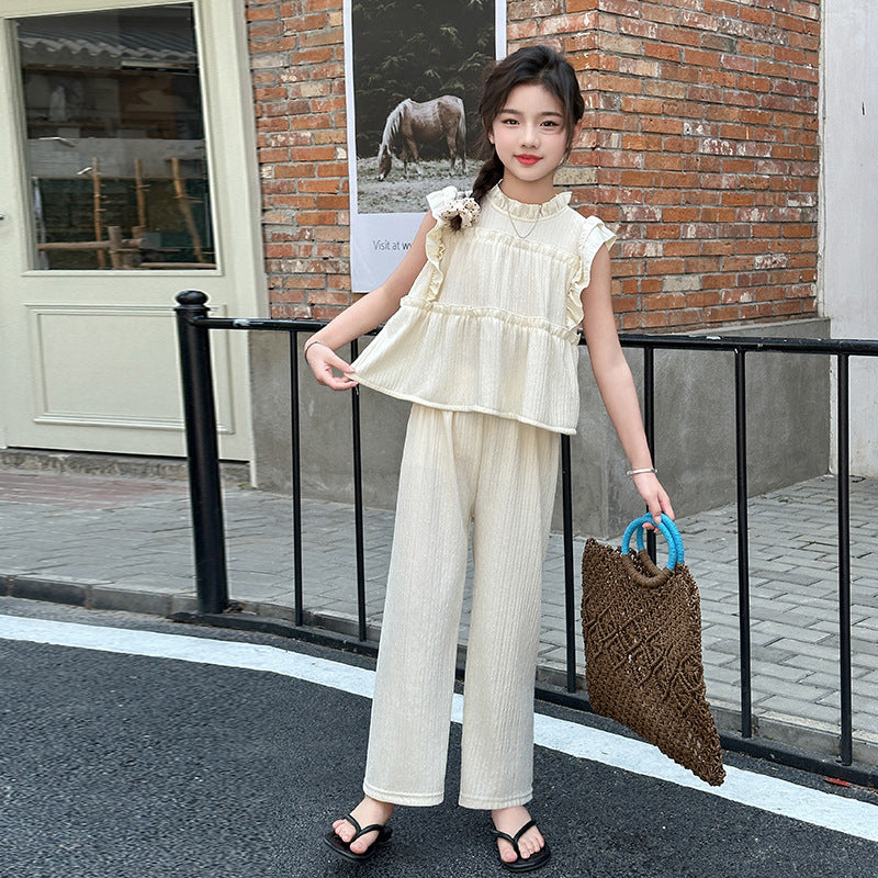 Girls' flutter sleeve solid color outfit, princess style children's clothing,  new girls' top, summer student chic two-piece set