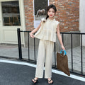 Girls' flutter sleeve solid color outfit, princess style children's clothing,  new girls' top, summer student chic two-piece set