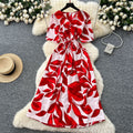 Frenchretrov neck drawstring waist short-sleeved printingdress women's summerslimming lookelegantretro over-the-knee long skirt