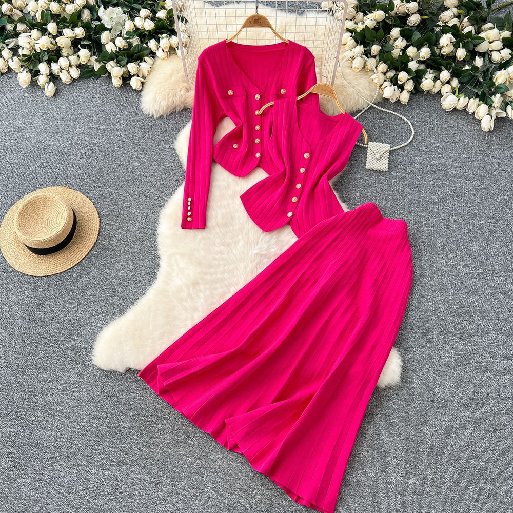Xiaoxiangfeng wear women's three-piece set easiest for match sleeveless vest metal buckle silmlong sleevesknittingcardigan skirt