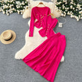 Xiaoxiangfeng wear women's three-piece set easiest for match sleeveless vest metal buckle silmlong sleevesknittingcardigan skirt