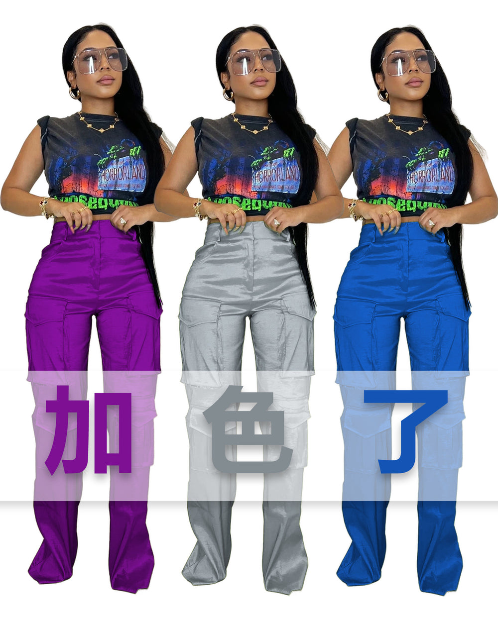 e-commerce source of goods fashionfashioncasual women's pure color multi-flap pocket pantsworkwearpants