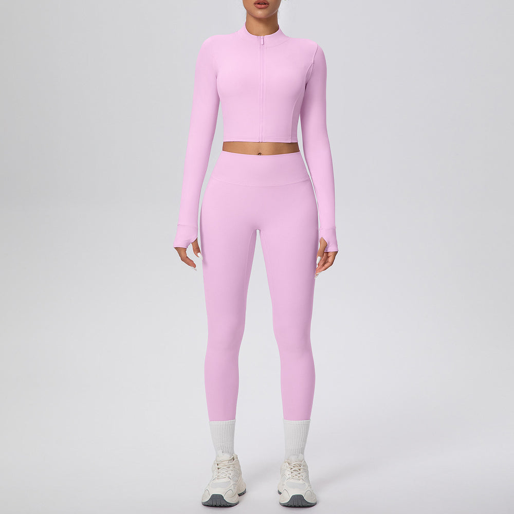 Ready-to-ship cross-border solid color double-sided brushed naked feel cropped jacket set - tight-fitting running, fitness, and yoga two-piece outfit