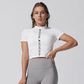 Stylish english printing yoga clothes short sleeve tight shaping high elastic round neck yoga clothes tops sports yoga in stock