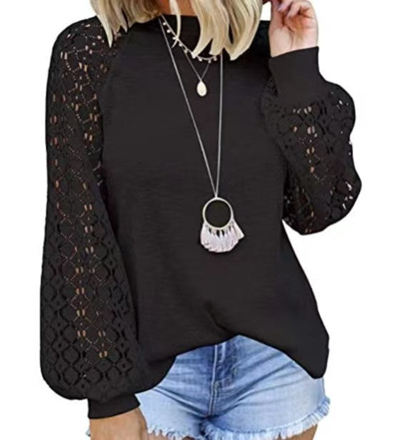 fashionexport cross-border new arrival  independent station round neck long sleeves lacepatchworkloosetops women
