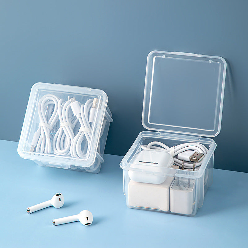 Desktop multi-functional sundries storage box, transparent plastic with cover, stackable accessories, earphone data cable storage box