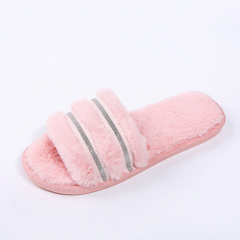 Amazon export one-character plush home cotton slippers women's autumn and winter new fashion outwear fur slippers wholesale