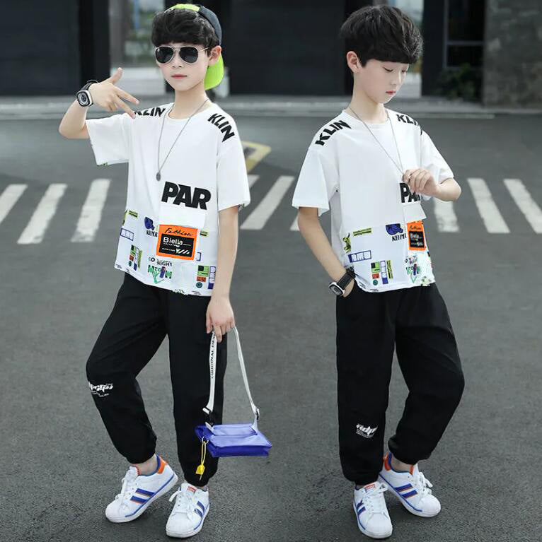 Boys' summer outfit set:  new styles for older boys - stylish, sporty, short-sleeved korean fashion