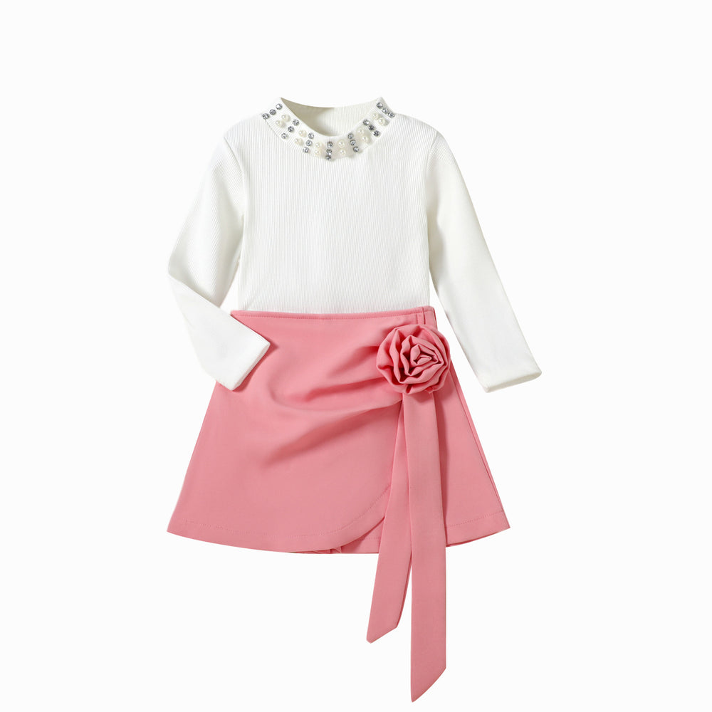 fashionautumgirl beaded long sleevestops with fashionstereo flower skirt pants two-piece set for children and young women