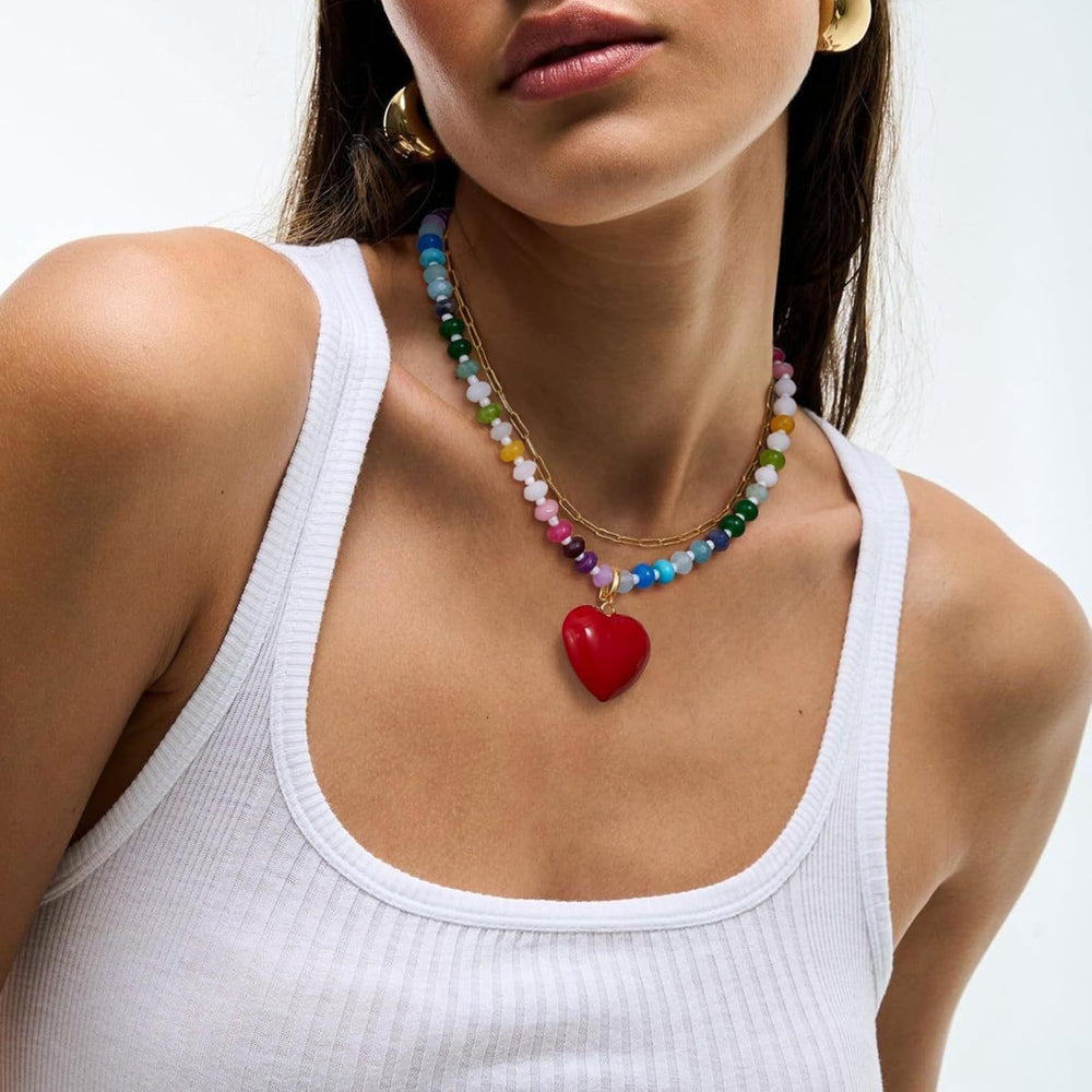 Trendy dopamine crystal seed bead necklace - red glass heart, unique beaded heart, sweet & spicy girl jewelry
