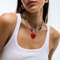 Trendy dopamine crystal seed bead necklace - red glass heart, unique beaded heart, sweet & spicy girl jewelry