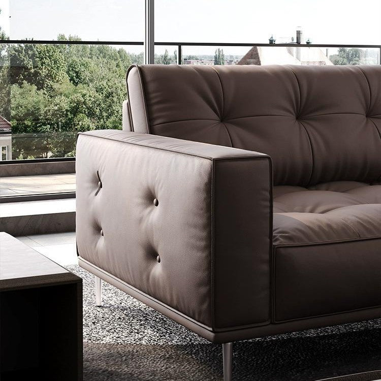 Genuine leather office sofa set - italian minimalist retro style - pull-button straight row three-seater negotiation and reception sofa