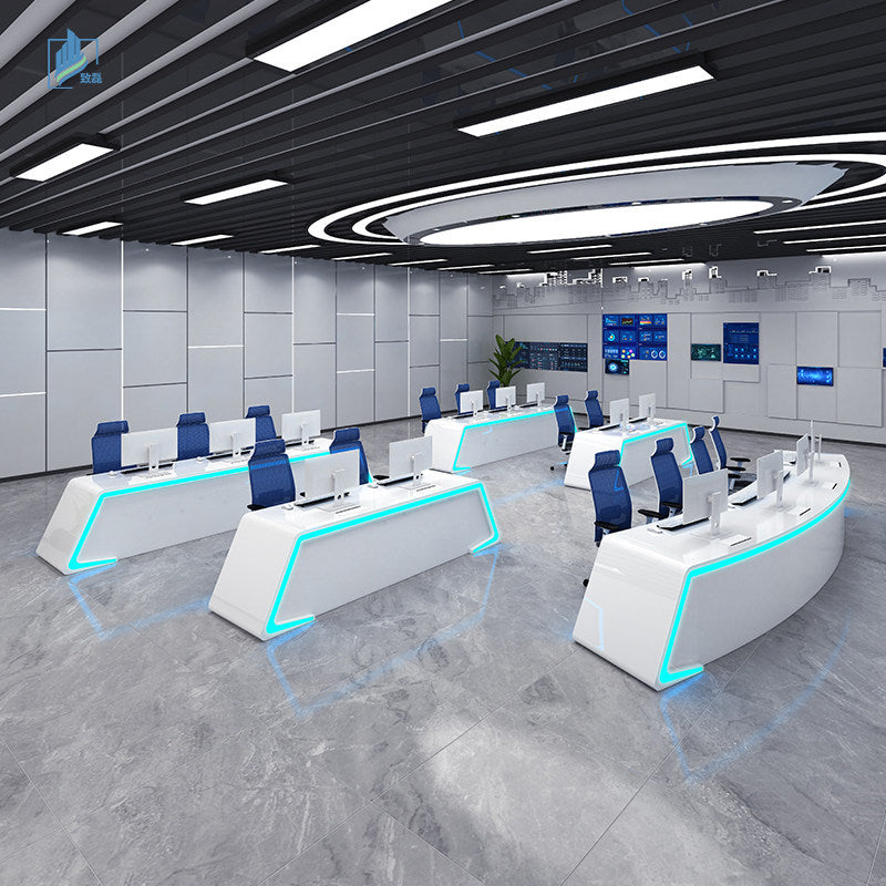 Saint li's futuristic surveillance console, command center curved control desk, central control room monitoring station, and workstation