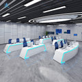 Saint li's futuristic surveillance console, command center curved control desk, central control room monitoring station, and workstation