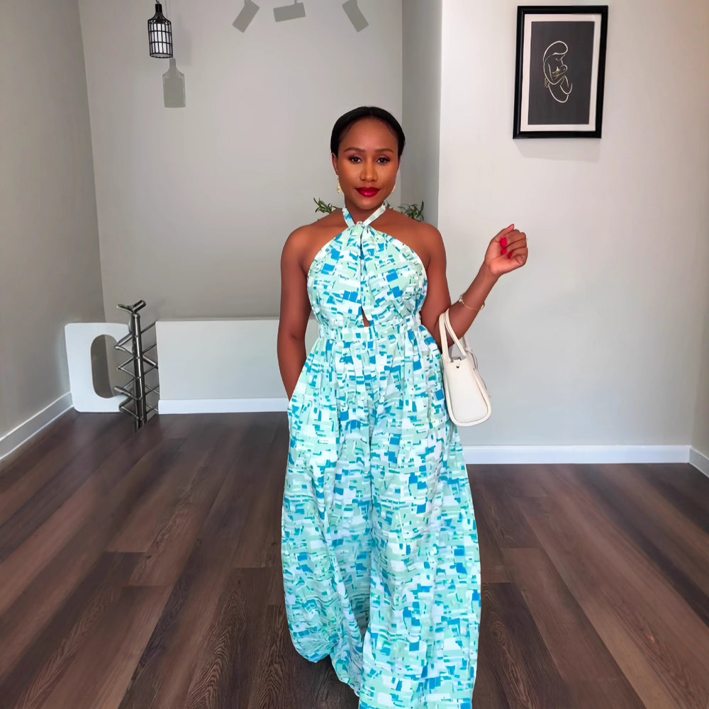 European and american cross-border women's winter  new sleeveless halter neck tie-up printed backless cinched waist wide leg jumpsuit