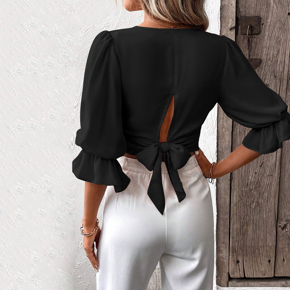 fashionelegant women's clothing elegancev-neck silmelegant puff sleeves pure colorshort women's pullovertops