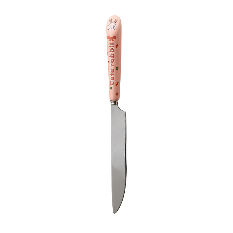 Cartoon stainless steel cutlery set: cute kids' forks with stylish ceramic handles, exquisite dessert spoons, and serving spoons