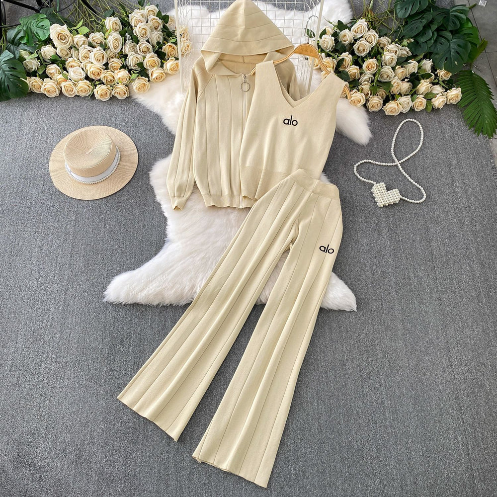 Trendy women's winter three-piece set: casual zip-up hooded knit jacket + embroidered tank top + high-waisted pleated wide-leg pants