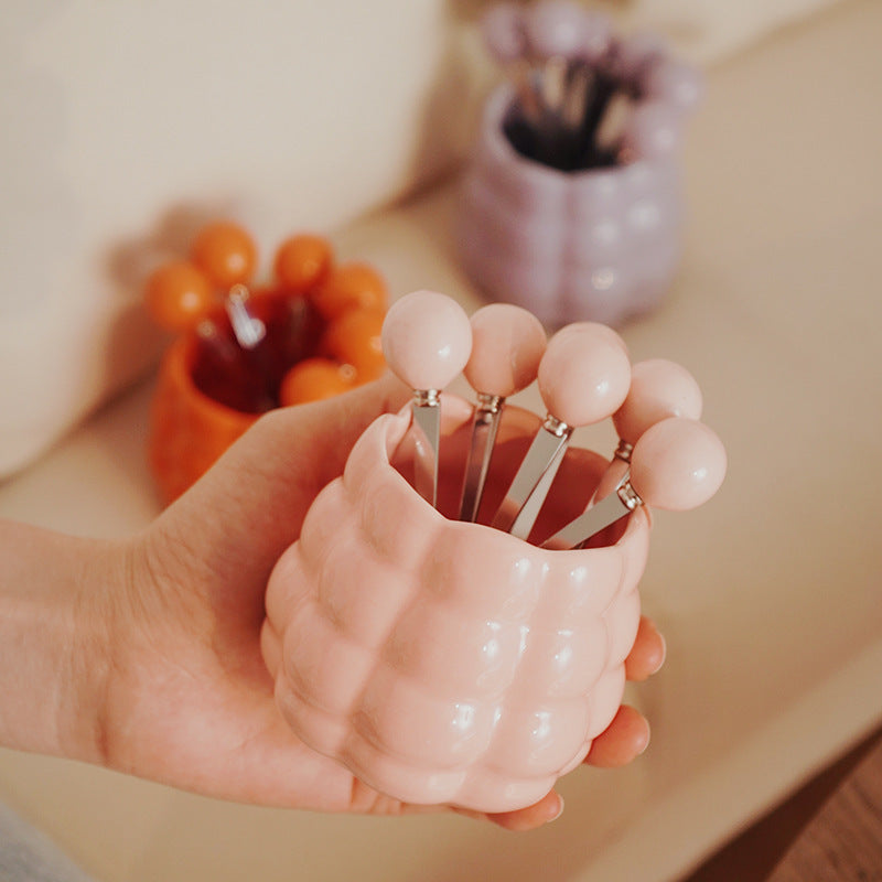 Cream style ceramic fruit fork light luxury set high appearance stainless steel fruit pick home decoration storage tube wholesale