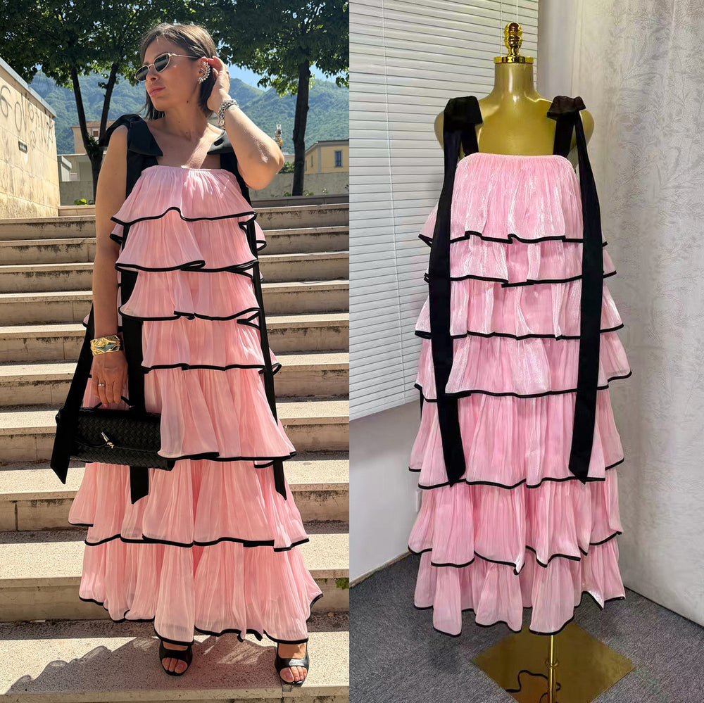 spring new sleeveless solid color wide strap long loose ruffle tiered cake dress