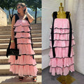spring new sleeveless solid color wide strap long loose ruffle tiered cake dress